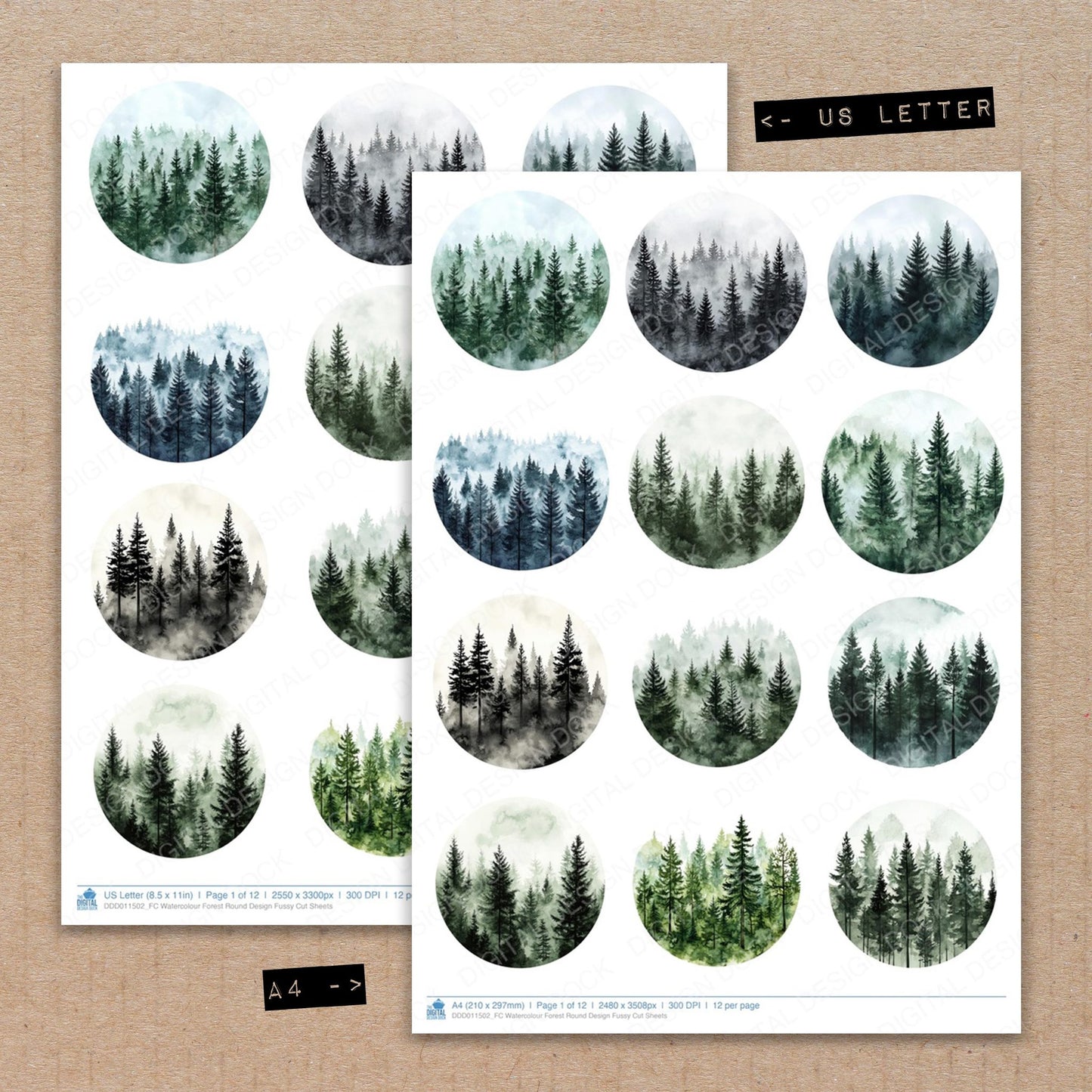 A4 and US Letter format comparison showing Watercolour Forest Round Design fussy cut pages for print and cut crafting