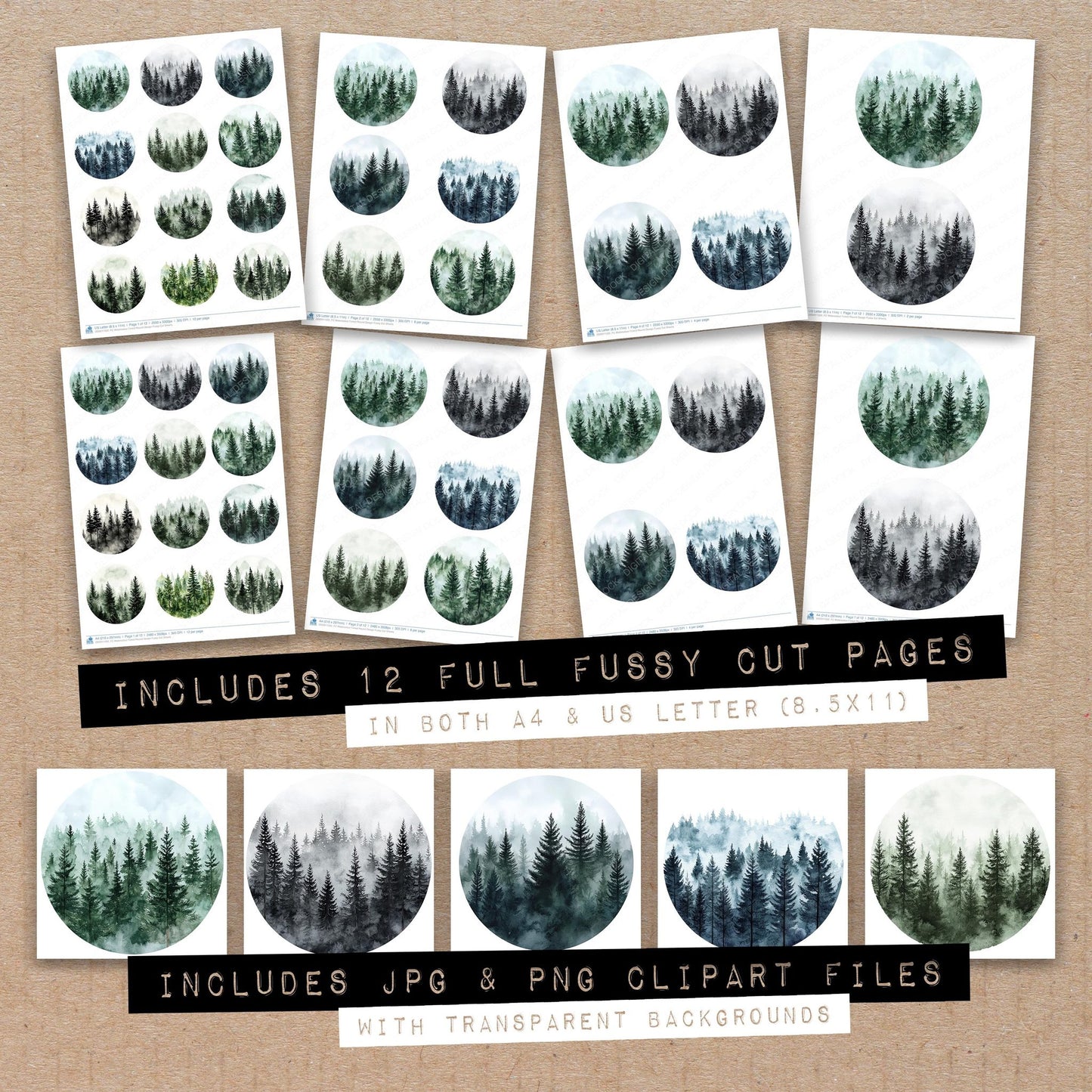 Full collection view of Watercolour Forest Round Design fussy cut sheets with bonus clipart JPG and PNG files
