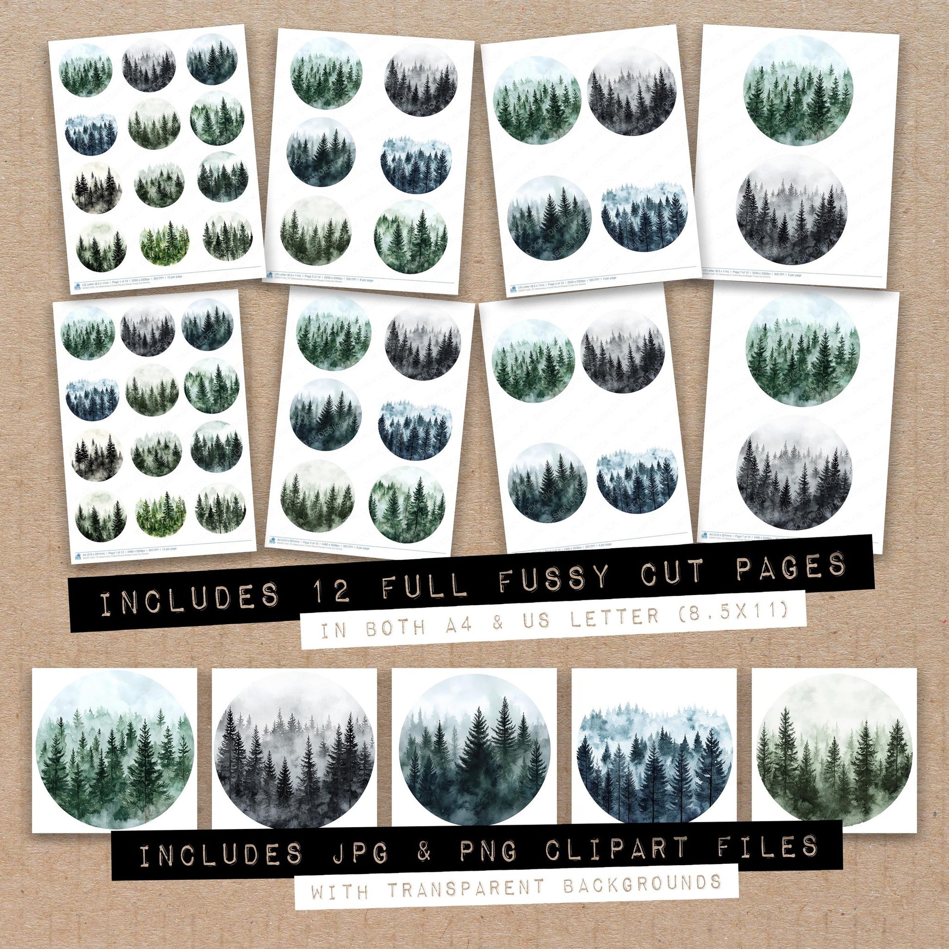 Full collection view of Watercolour Forest Round Design fussy cut sheets with bonus clipart JPG and PNG files