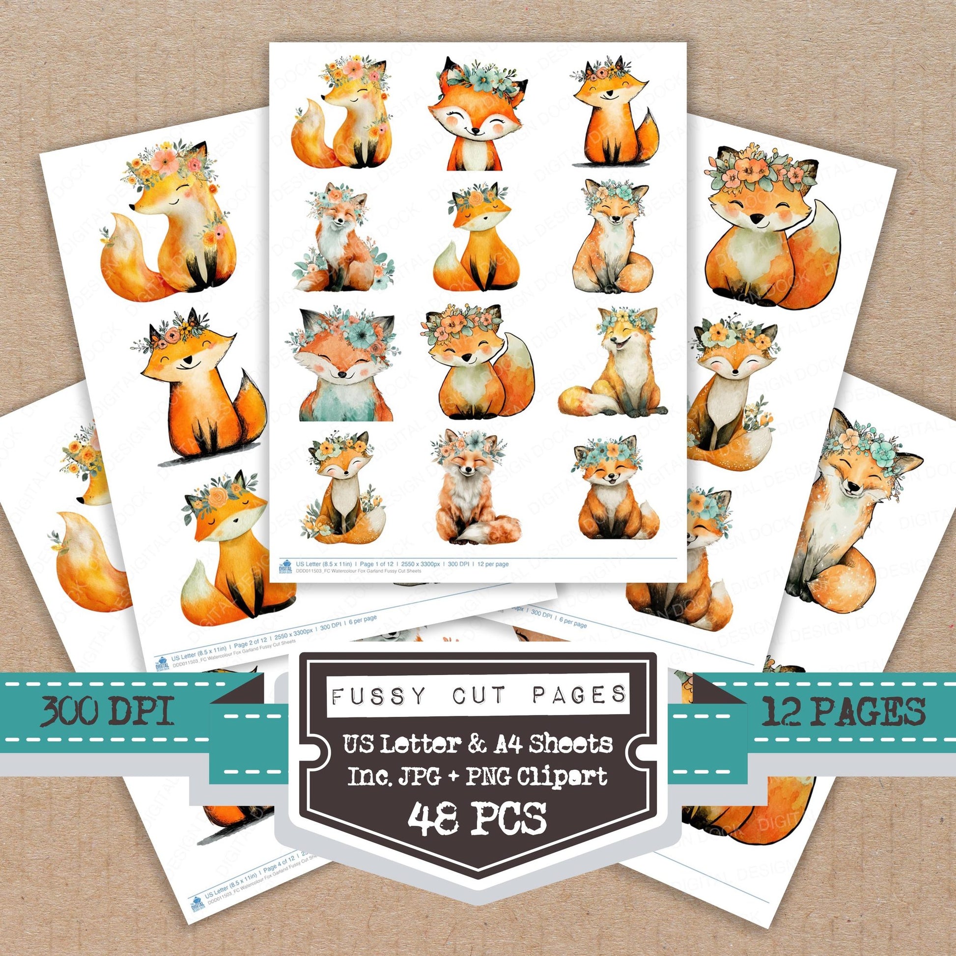 Watercolour Fox Garland fussy cut printable sheets for junk journaling, scrapbooking, and paper craft projects