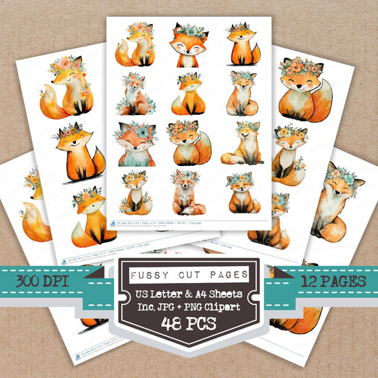 Watercolour Fox Garland fussy cut printable sheets for junk journaling, scrapbooking, and paper craft projects
