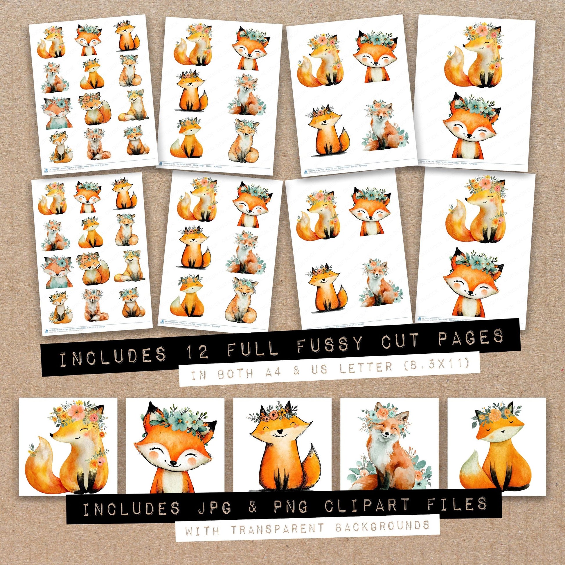 Full collection view of Watercolour Fox Garland fussy cut sheets with bonus clipart JPG and PNG files