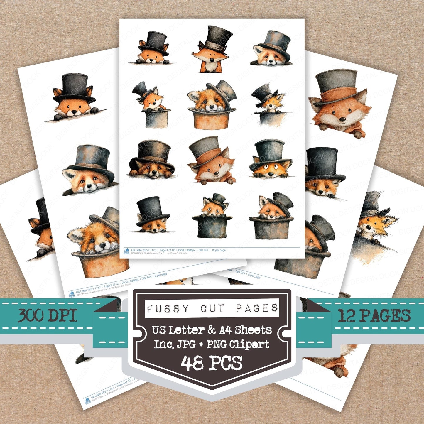Watercolour Fox Top Hat Fussy Cut Sheets (DDD011505)