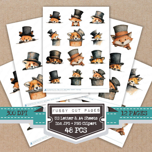 Watercolour Fox Top Hat Fussy Cut Sheets (DDD011505)