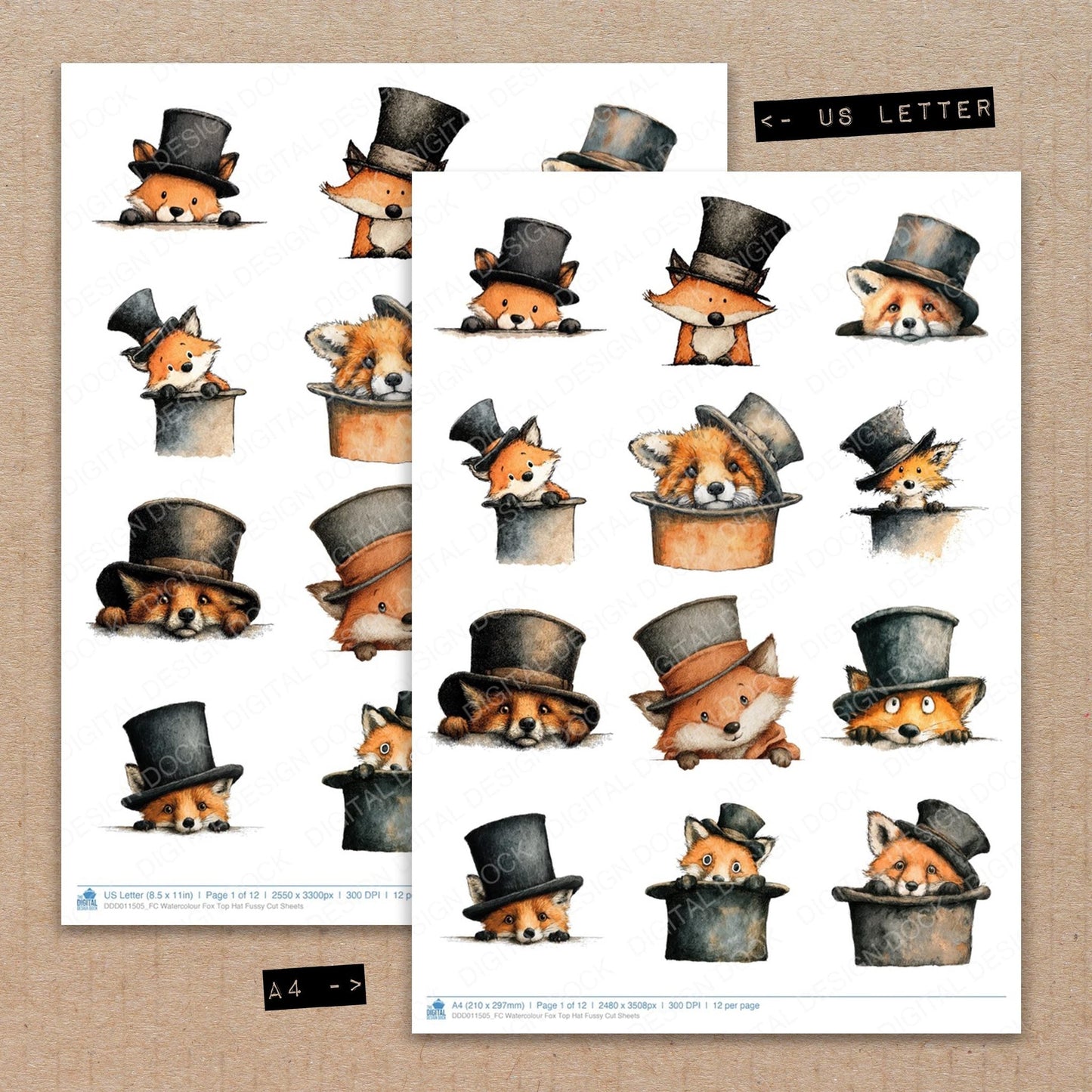 Watercolour Fox Top Hat Fussy Cut Sheets (DDD011505)