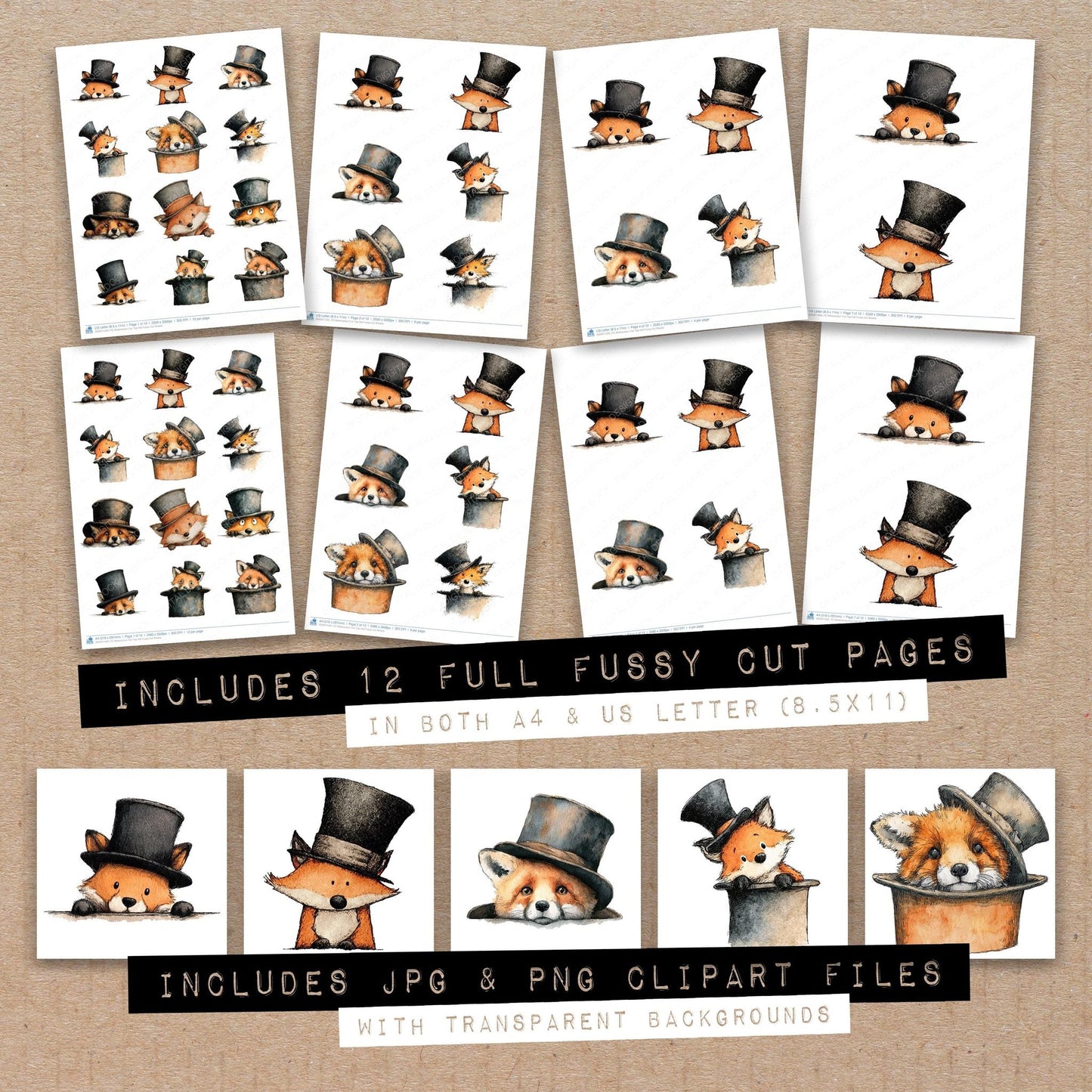 Watercolour Fox Top Hat Fussy Cut Sheets (DDD011505)