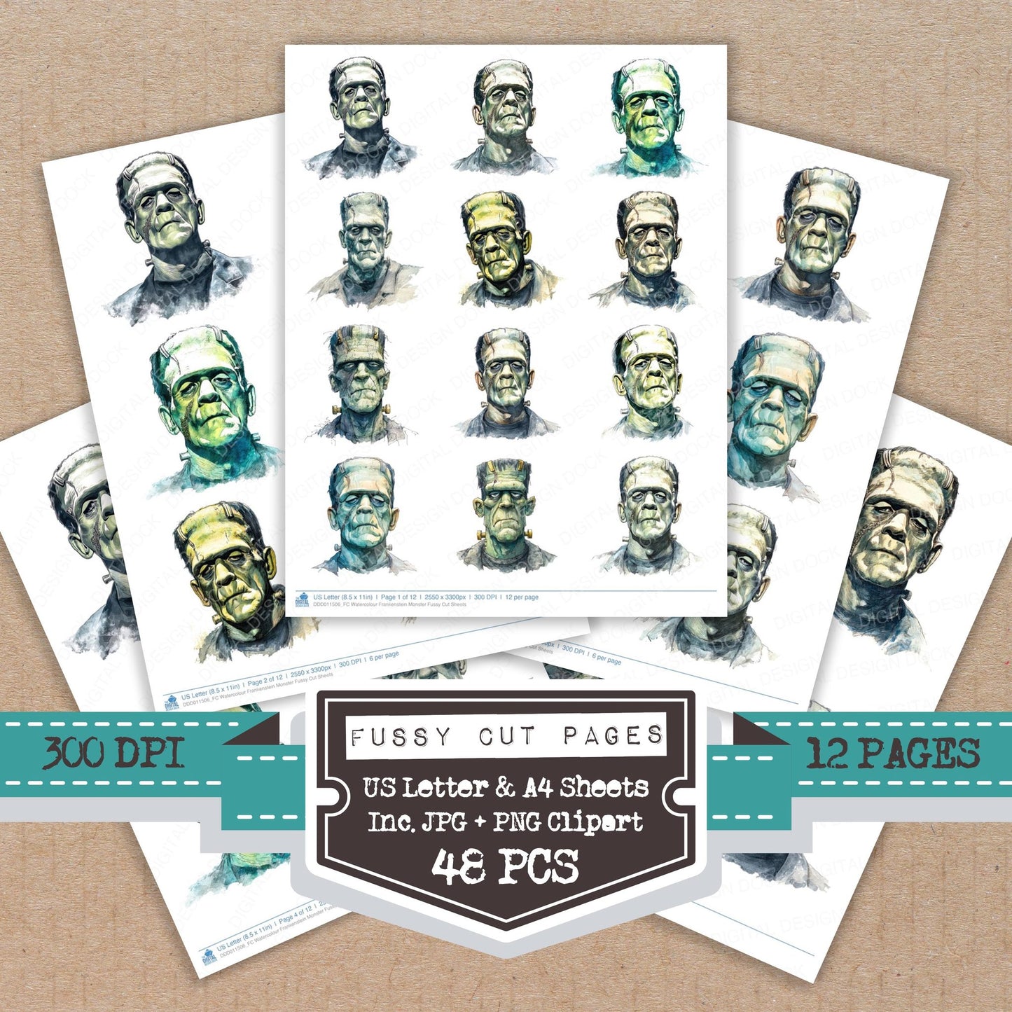 Watercolour Frankenstein Monster fussy cut printable sheets for junk journaling, scrapbooking, and paper craft projects