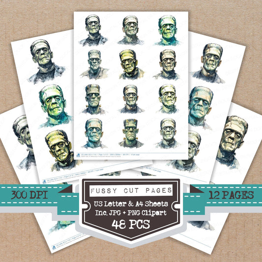 Watercolour Frankenstein Monster fussy cut printable sheets for junk journaling, scrapbooking, and paper craft projects