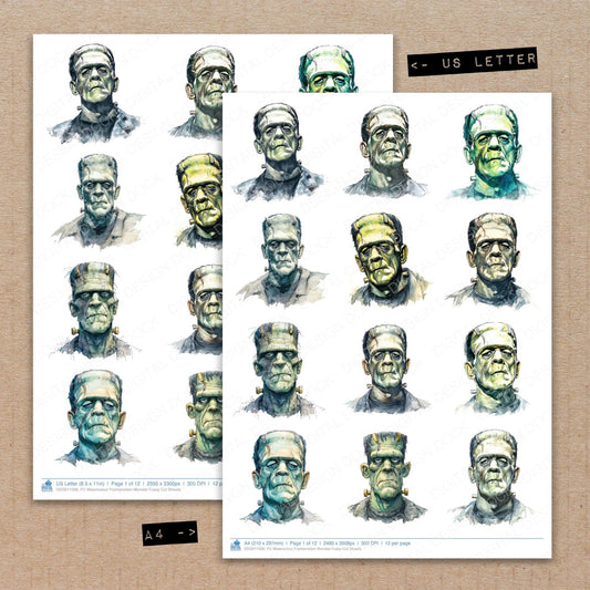 A4 and US Letter format comparison showing Watercolour Frankenstein Monster fussy cut pages for print and cut crafting