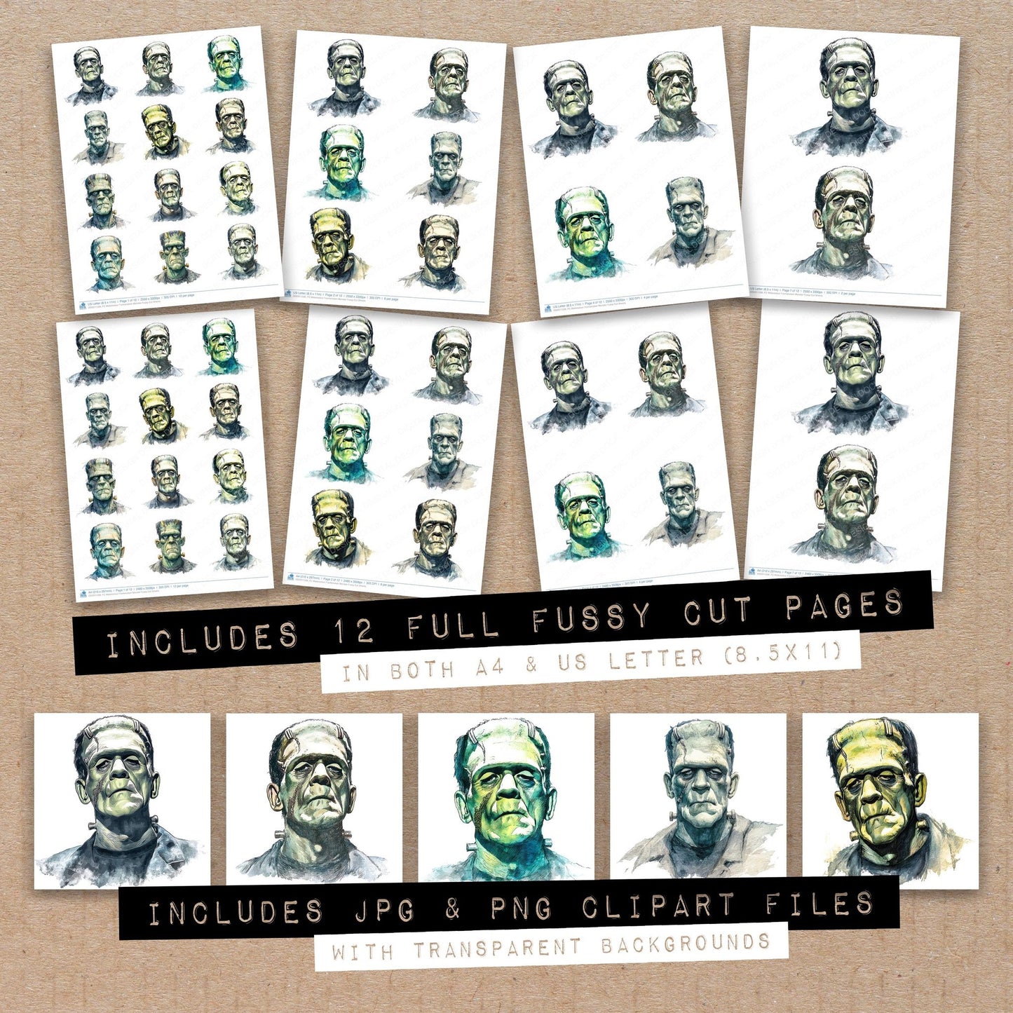 Full collection view of Watercolour Frankenstein Monster fussy cut sheets with bonus clipart JPG and PNG files