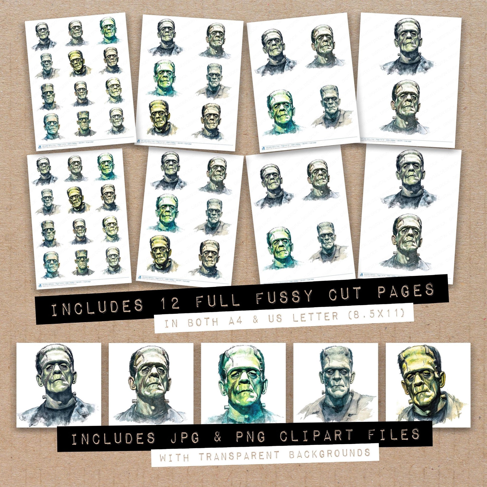 Full collection view of Watercolour Frankenstein Monster fussy cut sheets with bonus clipart JPG and PNG files