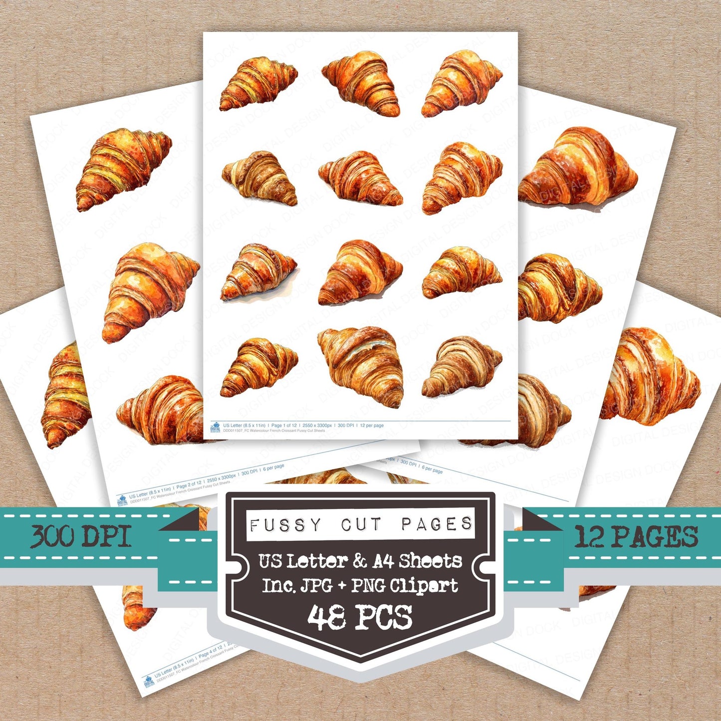 Watercolour French Croissant fussy cut printable sheets for junk journaling, scrapbooking, and paper craft projects