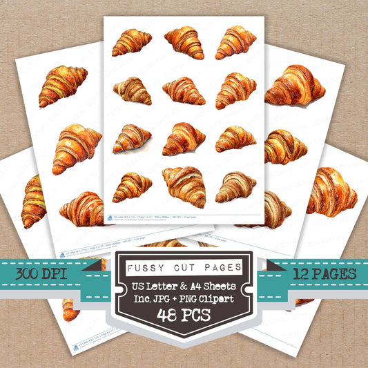 Watercolour French Croissant fussy cut printable sheets for junk journaling, scrapbooking, and paper craft projects