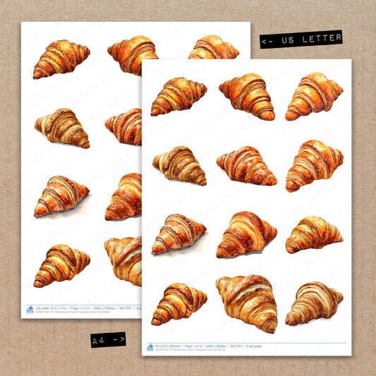 A4 and US Letter format comparison showing Watercolour French Croissant fussy cut pages for print and cut crafting