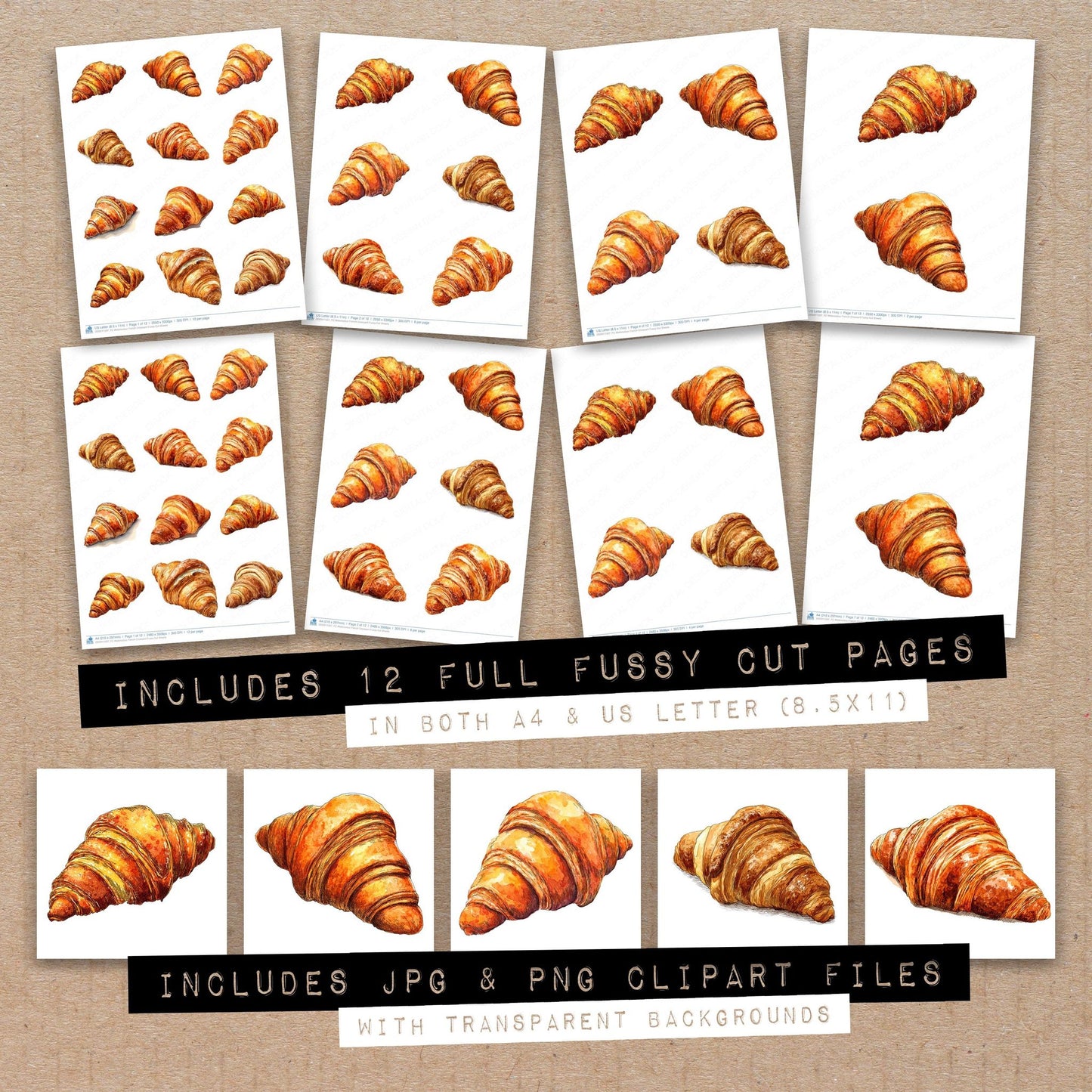 Full collection view of Watercolour French Croissant fussy cut sheets with bonus clipart JPG and PNG files
