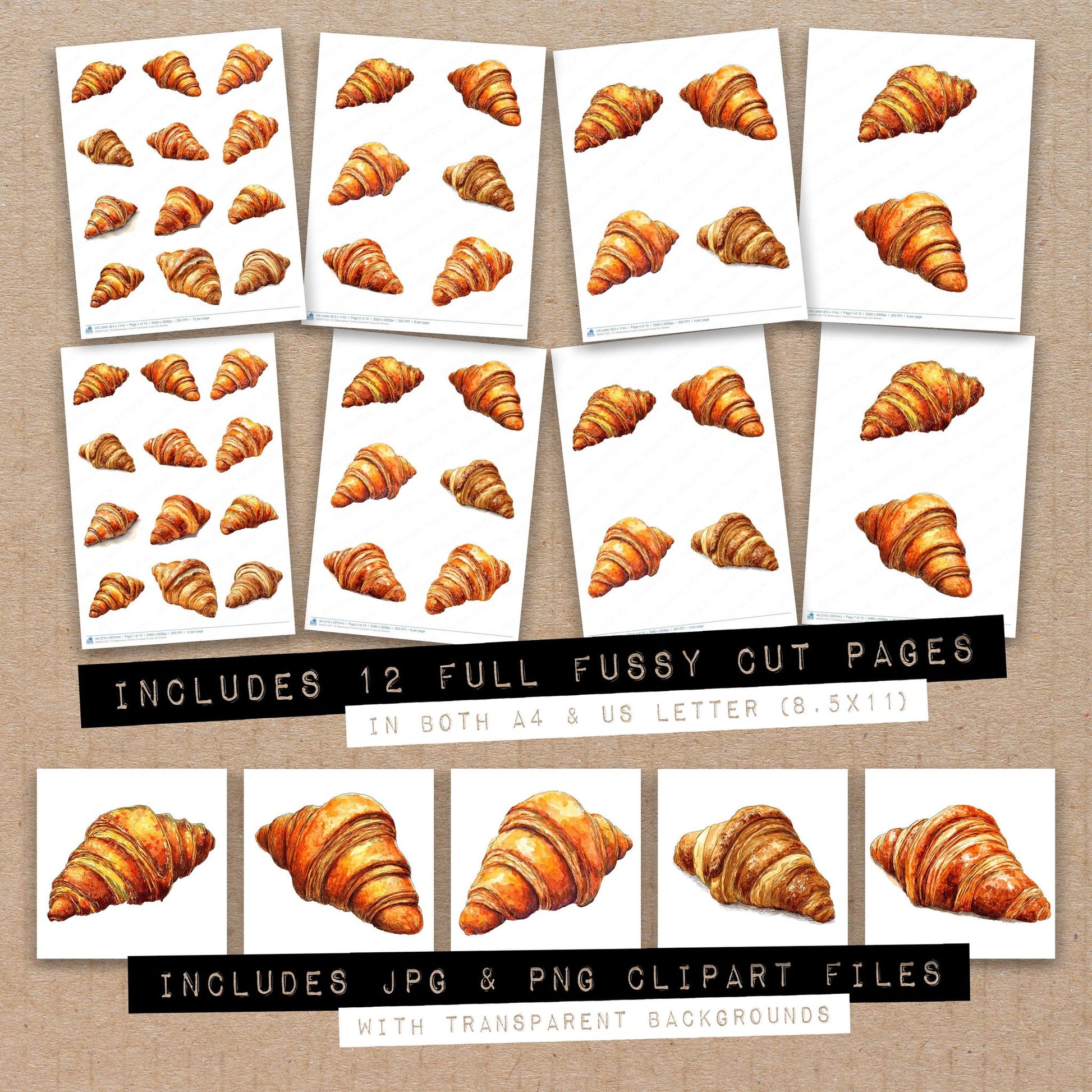 Full collection view of Watercolour French Croissant fussy cut sheets with bonus clipart JPG and PNG files
