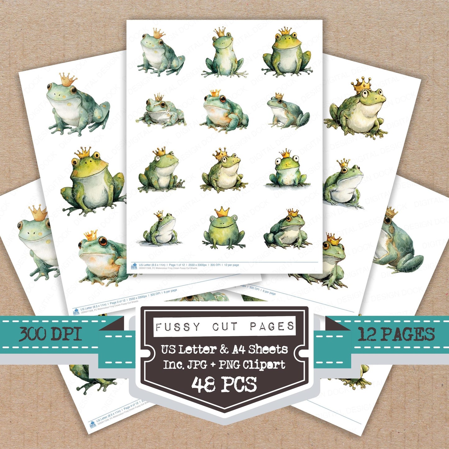 Watercolour Frog Crown fussy cut printable sheets for junk journaling, scrapbooking, and paper craft projects