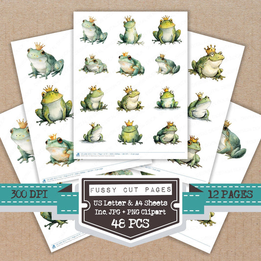 Watercolour Frog Crown fussy cut printable sheets for junk journaling, scrapbooking, and paper craft projects