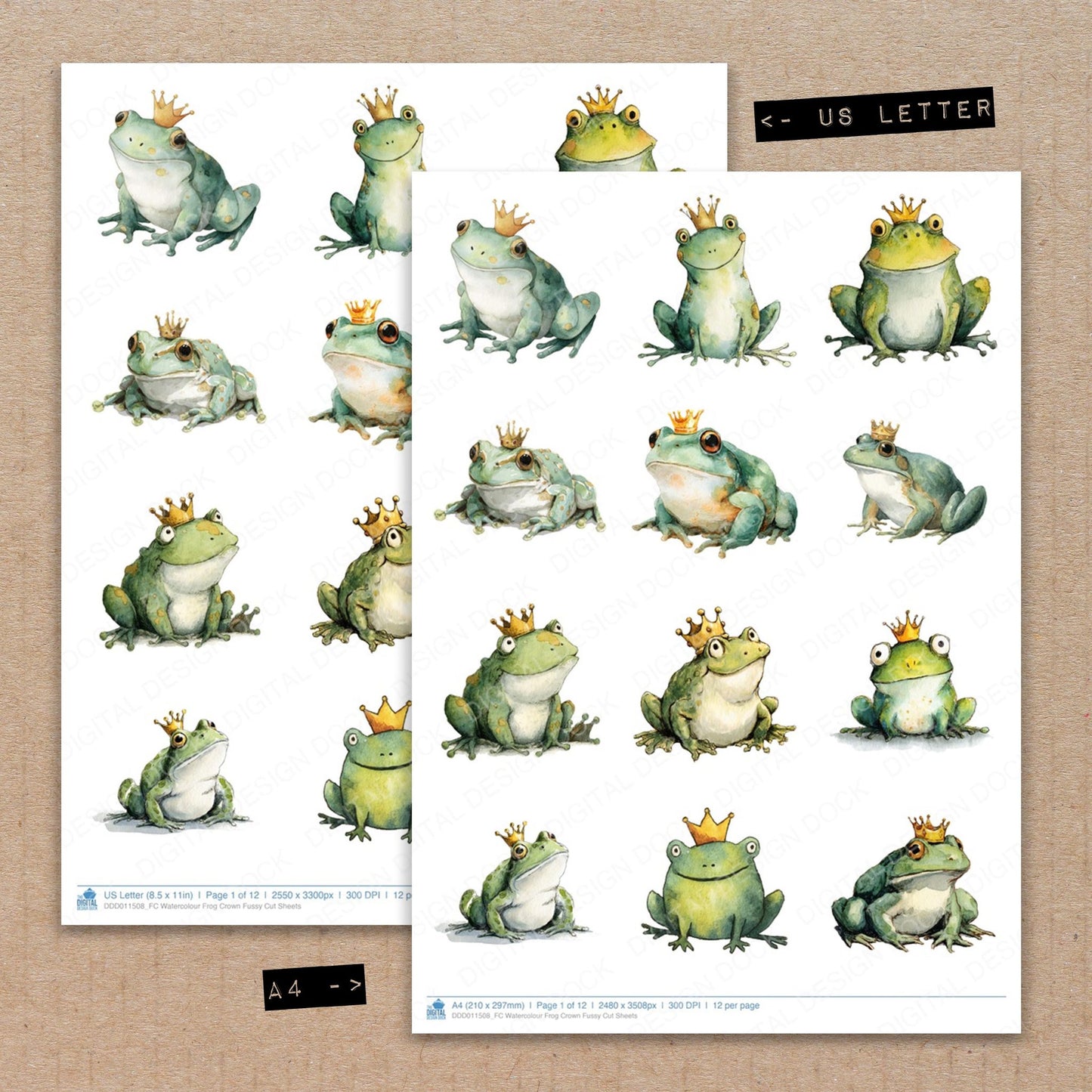 A4 and US Letter format comparison showing Watercolour Frog Crown fussy cut pages for print and cut crafting