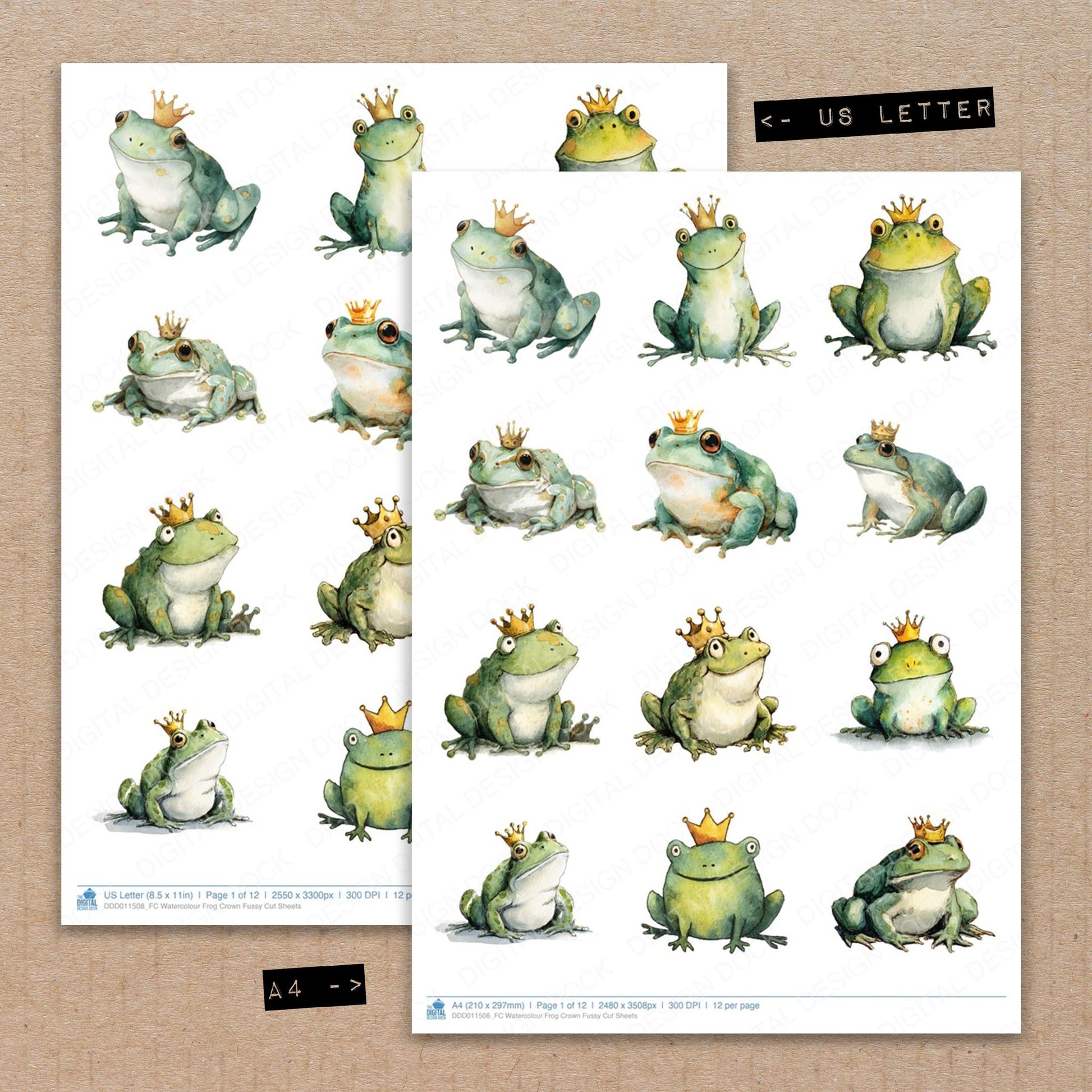 A4 and US Letter format comparison showing Watercolour Frog Crown fussy cut pages for print and cut crafting