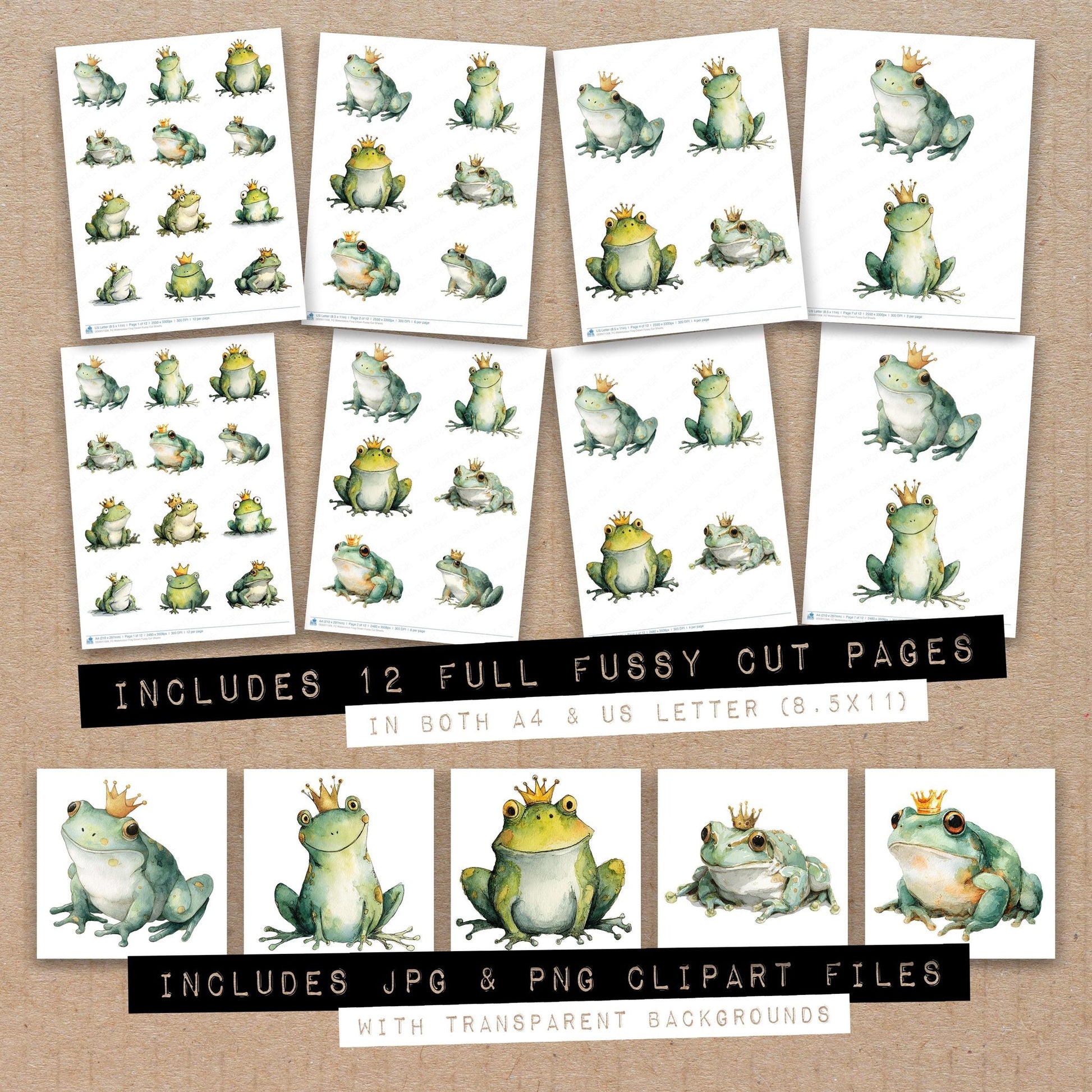 Full collection view of Watercolour Frog Crown fussy cut sheets with bonus clipart JPG and PNG files