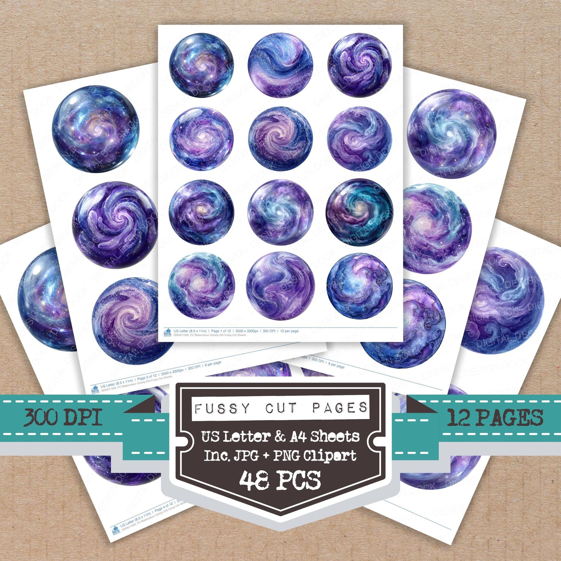 Watercolour Galaxy Orb fussy cut printable sheets for junk journaling, scrapbooking, and paper craft projects