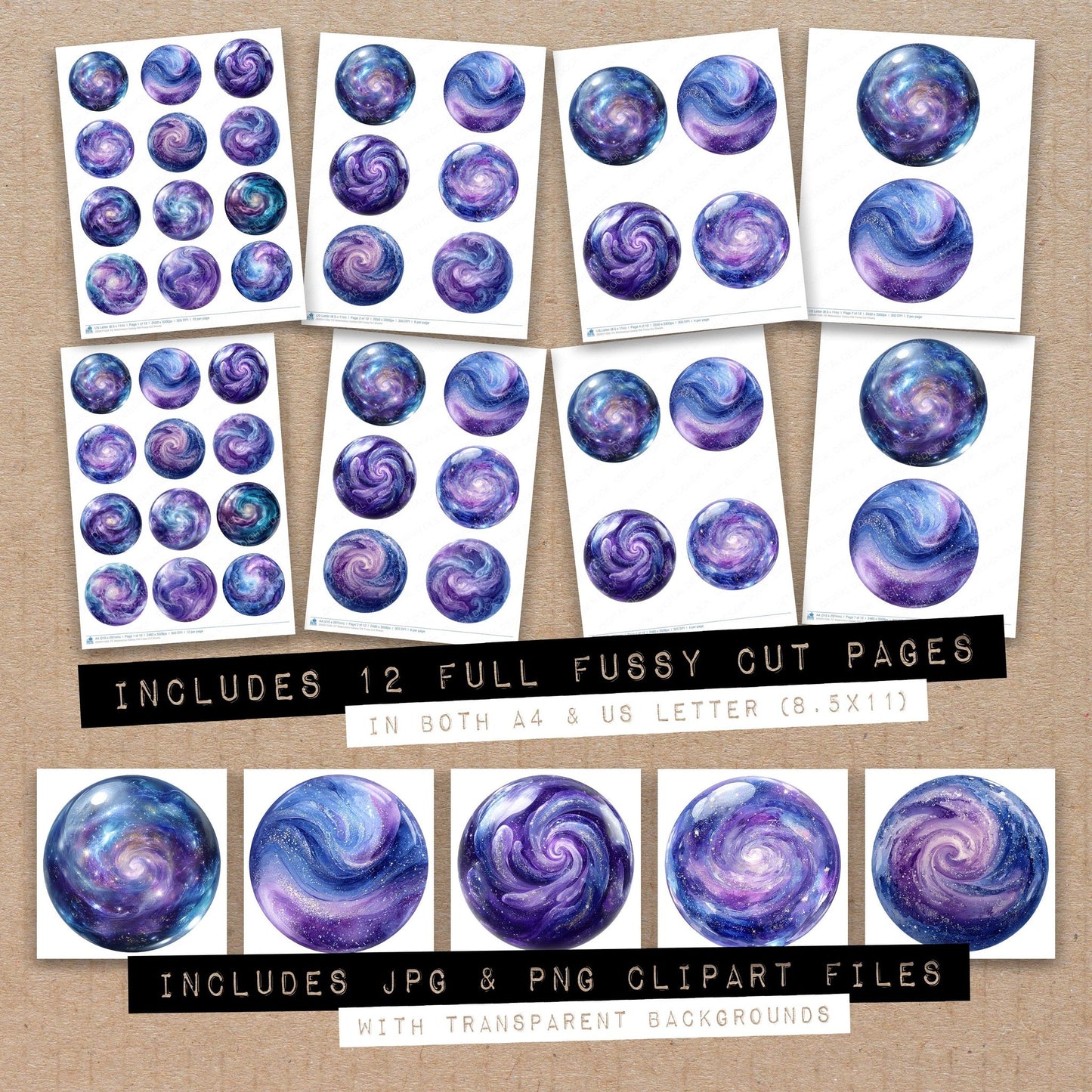 Full collection view of Watercolour Galaxy Orb fussy cut sheets with bonus clipart JPG and PNG files