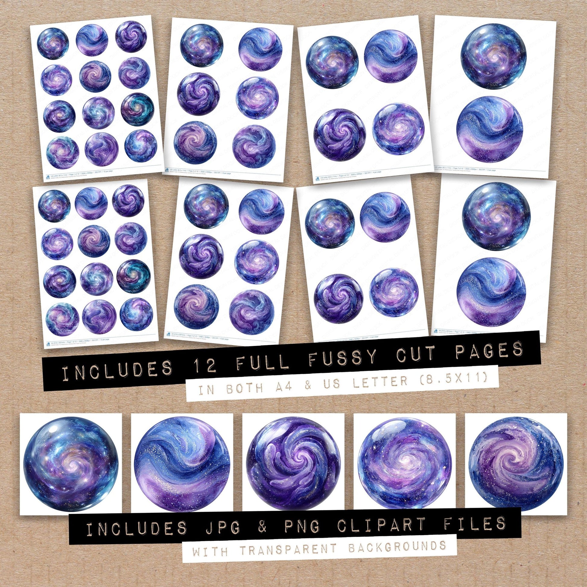 Full collection view of Watercolour Galaxy Orb fussy cut sheets with bonus clipart JPG and PNG files