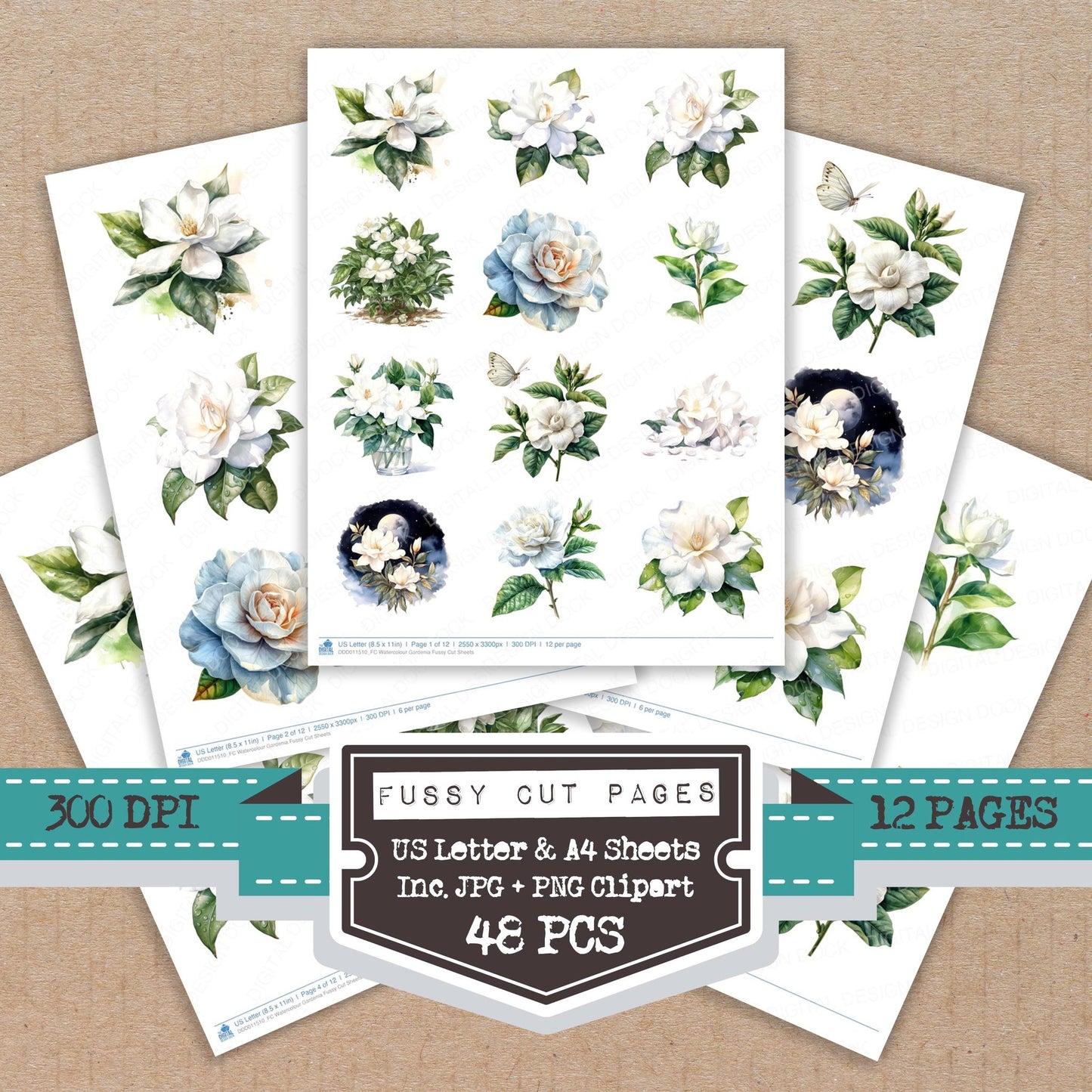 Watercolour Gardenia fussy cut printable sheets for junk journaling, scrapbooking, and paper craft projects