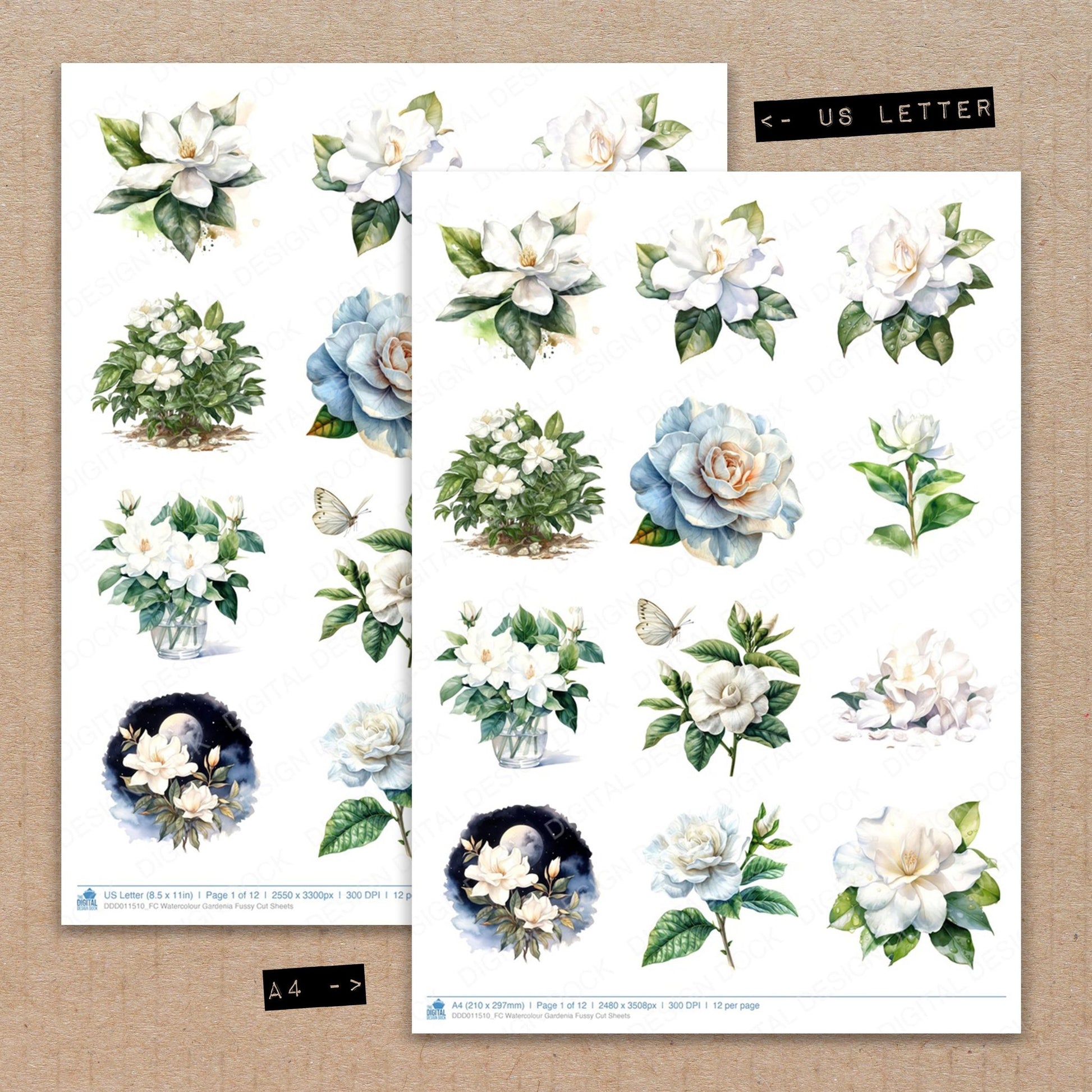 A4 and US Letter format comparison showing Watercolour Gardenia fussy cut pages for print and cut crafting