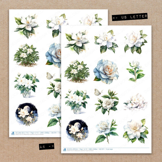 A4 and US Letter format comparison showing Watercolour Gardenia fussy cut pages for print and cut crafting