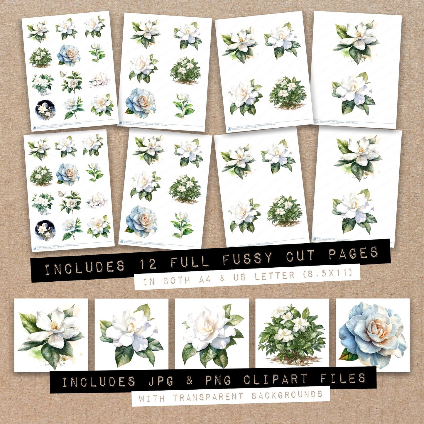 Full collection view of Watercolour Gardenia fussy cut sheets with bonus clipart JPG and PNG files
