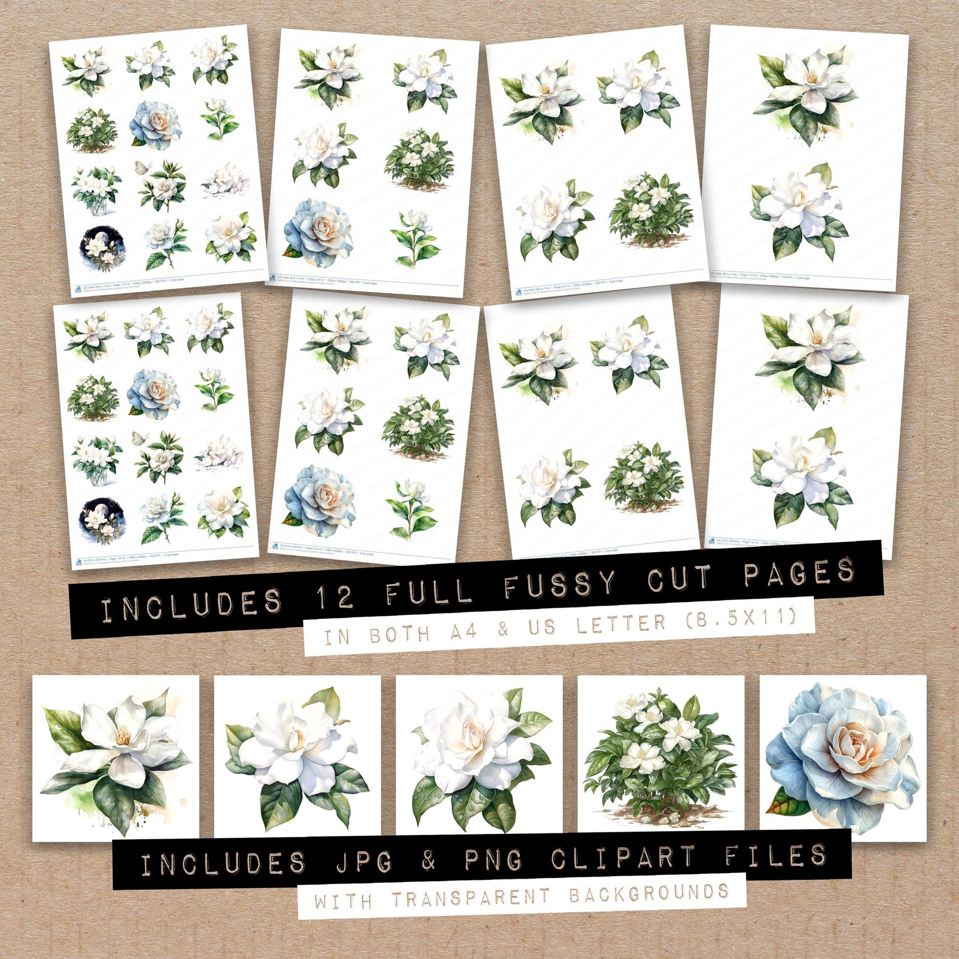 Full collection view of Watercolour Gardenia fussy cut sheets with bonus clipart JPG and PNG files