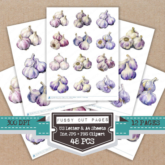 Watercolour Garlic Cloves fussy cut printable sheets for junk journaling, scrapbooking, and paper craft projects