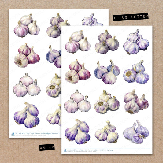 A4 and US Letter format comparison showing Watercolour Garlic Cloves fussy cut pages for print and cut crafting