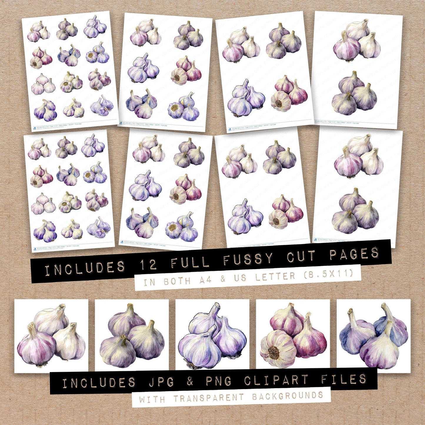 Full collection view of Watercolour Garlic Cloves fussy cut sheets with bonus clipart JPG and PNG files