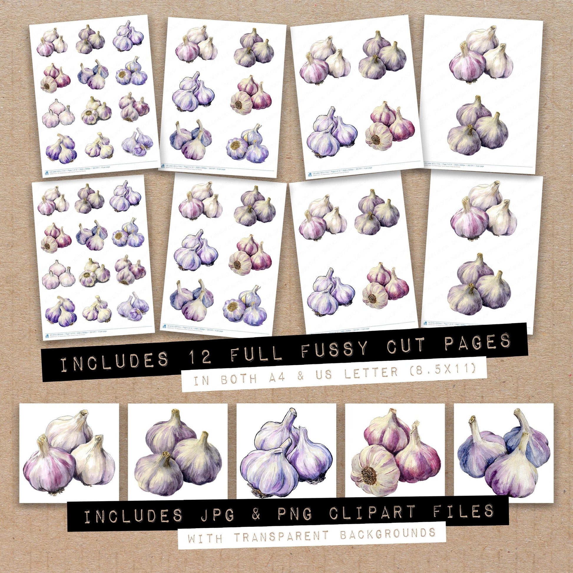 Full collection view of Watercolour Garlic Cloves fussy cut sheets with bonus clipart JPG and PNG files