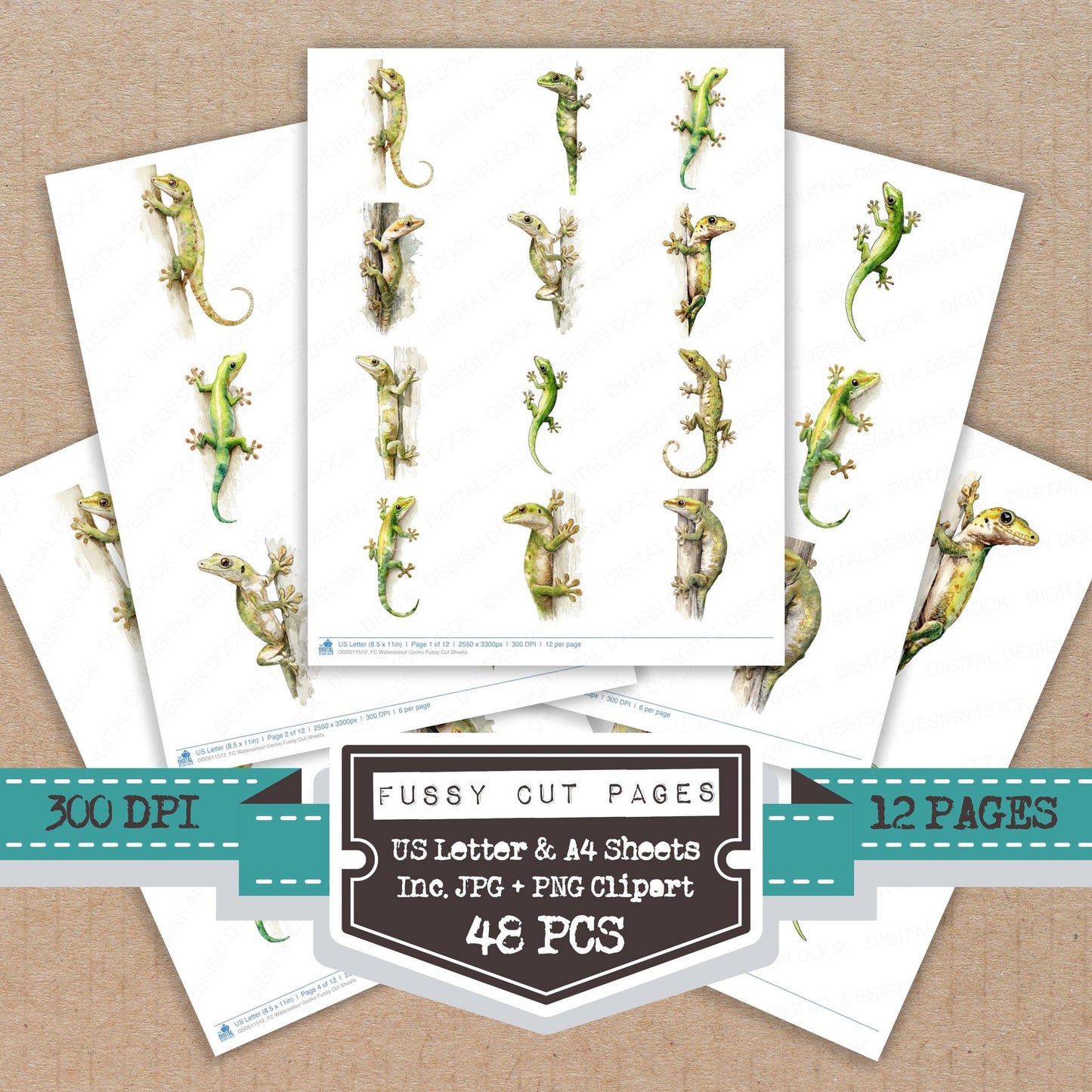 Watercolour Gecko fussy cut printable sheets for junk journaling, scrapbooking, and paper craft projects