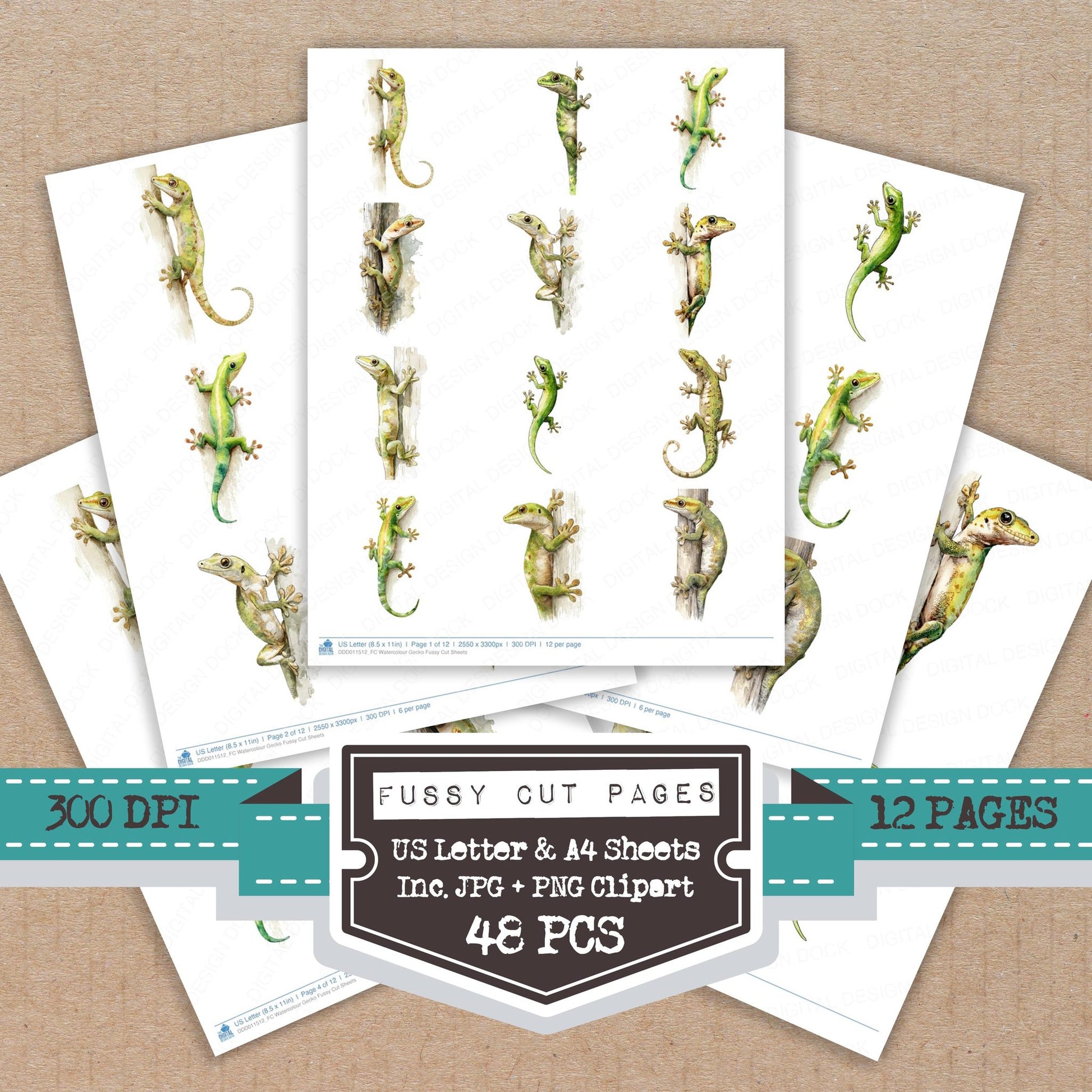 Watercolour Gecko fussy cut printable sheets for junk journaling, scrapbooking, and paper craft projects