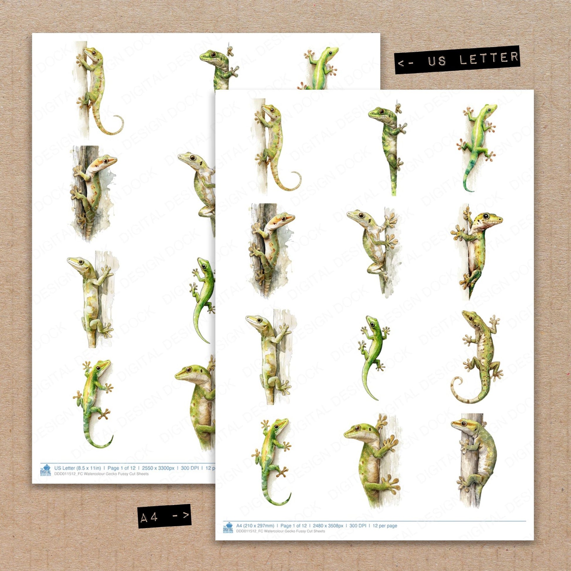 A4 and US Letter format comparison showing Watercolour Gecko fussy cut pages for print and cut crafting