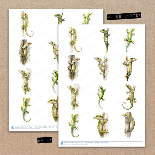 A4 and US Letter format comparison showing Watercolour Gecko fussy cut pages for print and cut crafting
