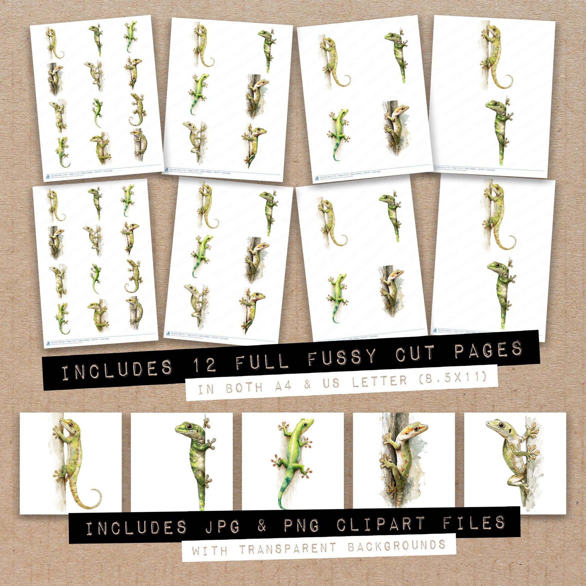 Full collection view of Watercolour Gecko fussy cut sheets with bonus clipart JPG and PNG files