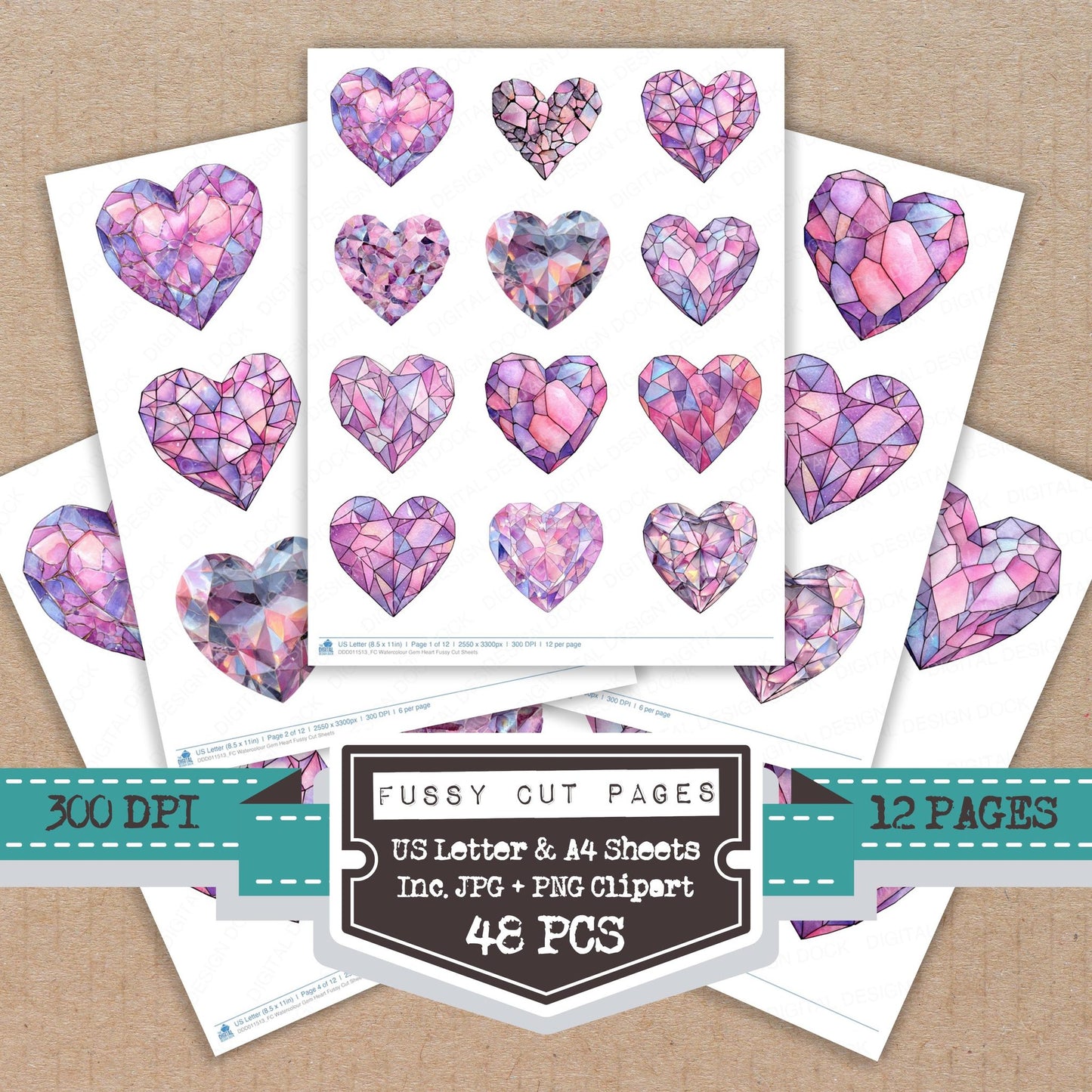 Watercolour Gem Heart fussy cut printable sheets for junk journaling, scrapbooking, and paper craft projects