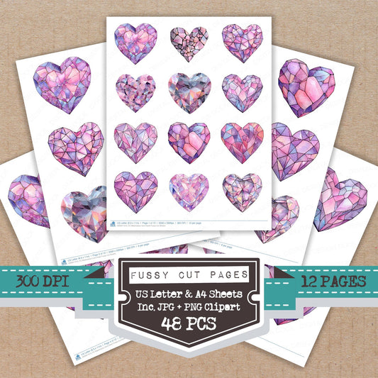 Watercolour Gem Heart fussy cut printable sheets for junk journaling, scrapbooking, and paper craft projects