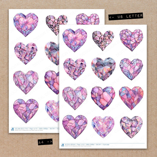 A4 and US Letter format comparison showing Watercolour Gem Heart fussy cut pages for print and cut crafting