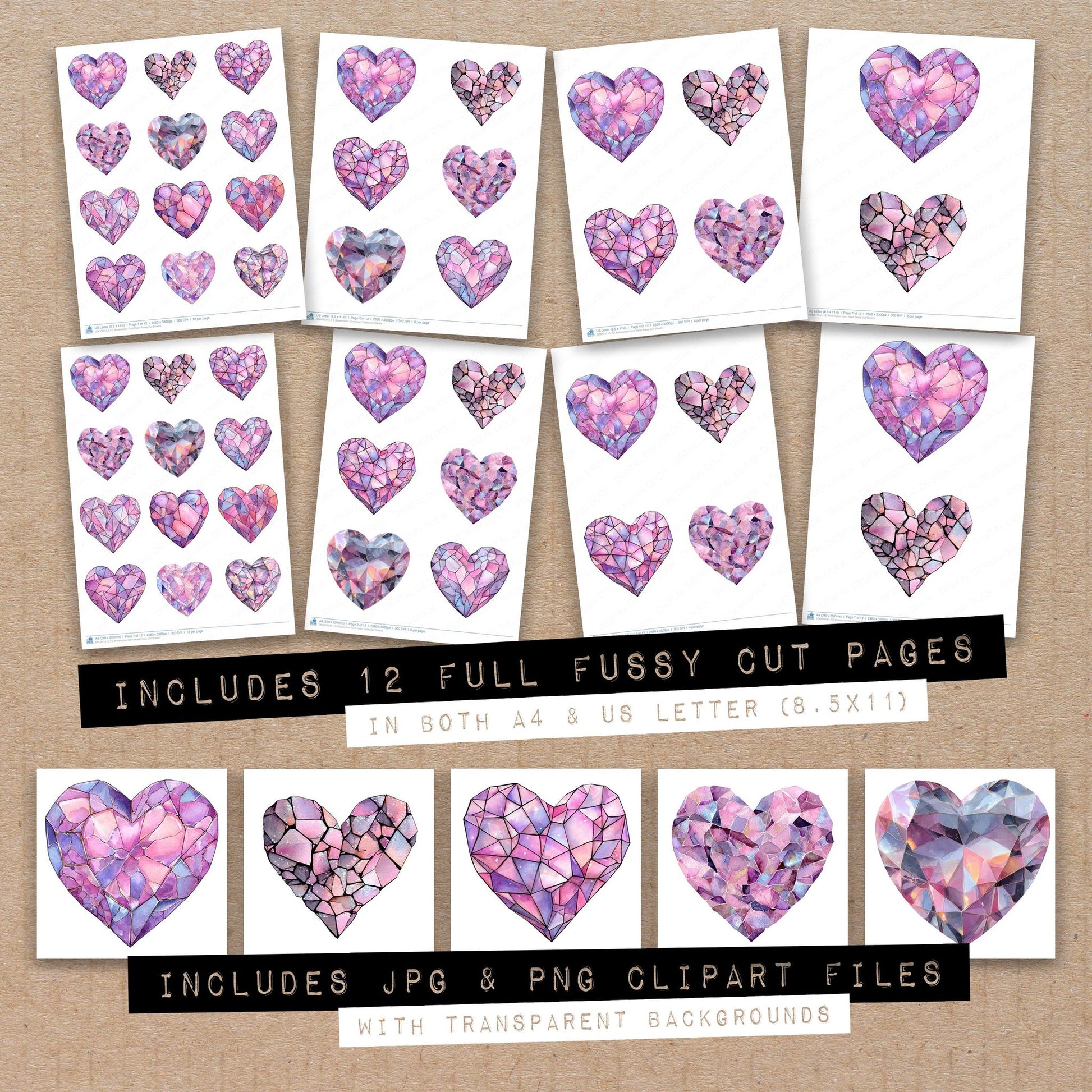 Full collection view of Watercolour Gem Heart fussy cut sheets with bonus clipart JPG and PNG files