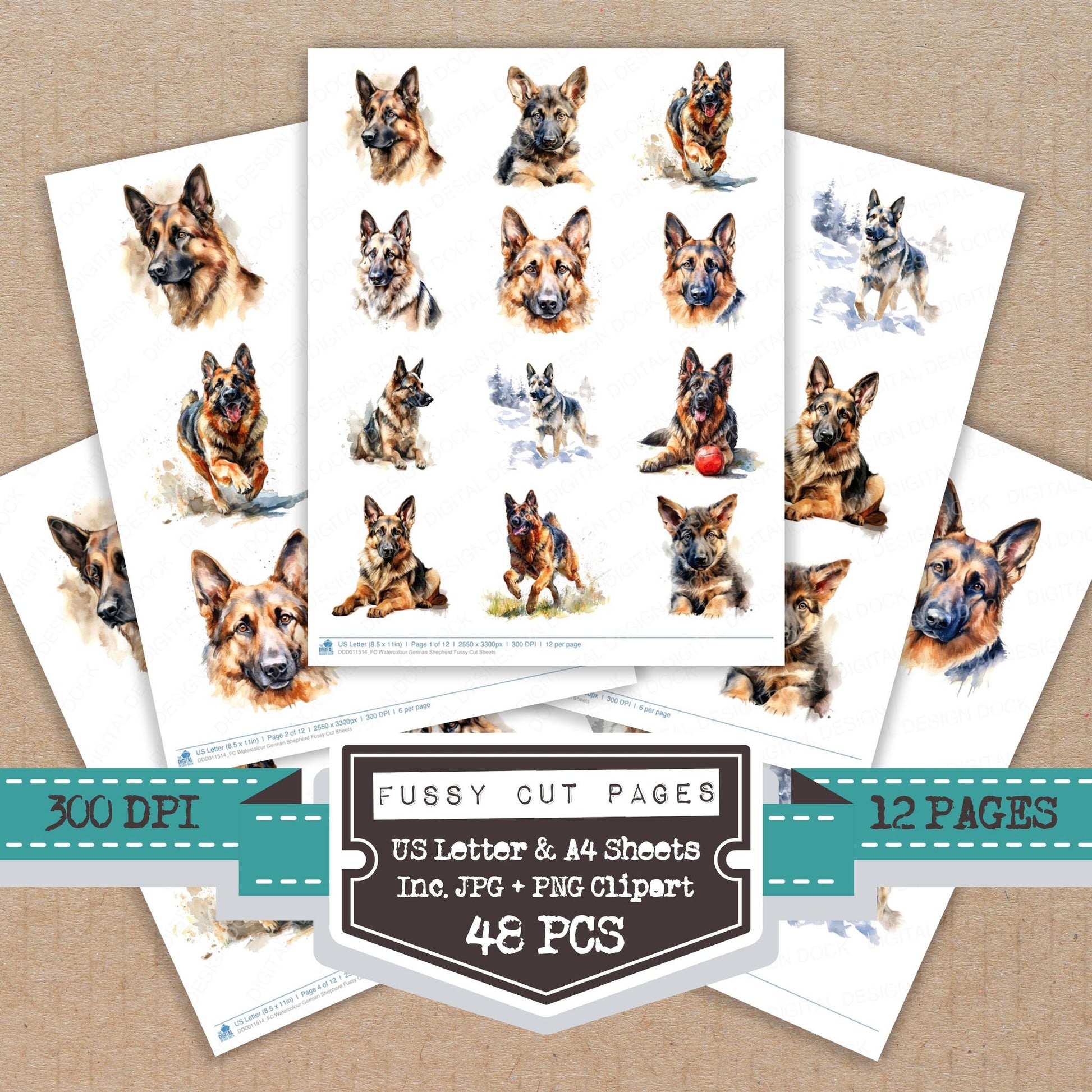Watercolour German Shepherd fussy cut printable sheets for junk journaling, scrapbooking, and paper craft projects