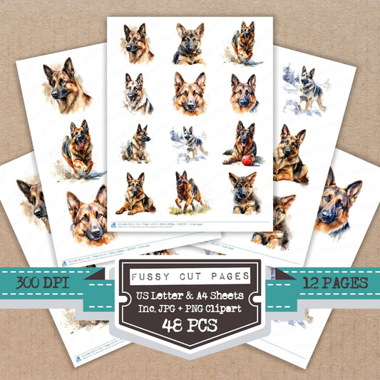 Watercolour German Shepherd fussy cut printable sheets for junk journaling, scrapbooking, and paper craft projects