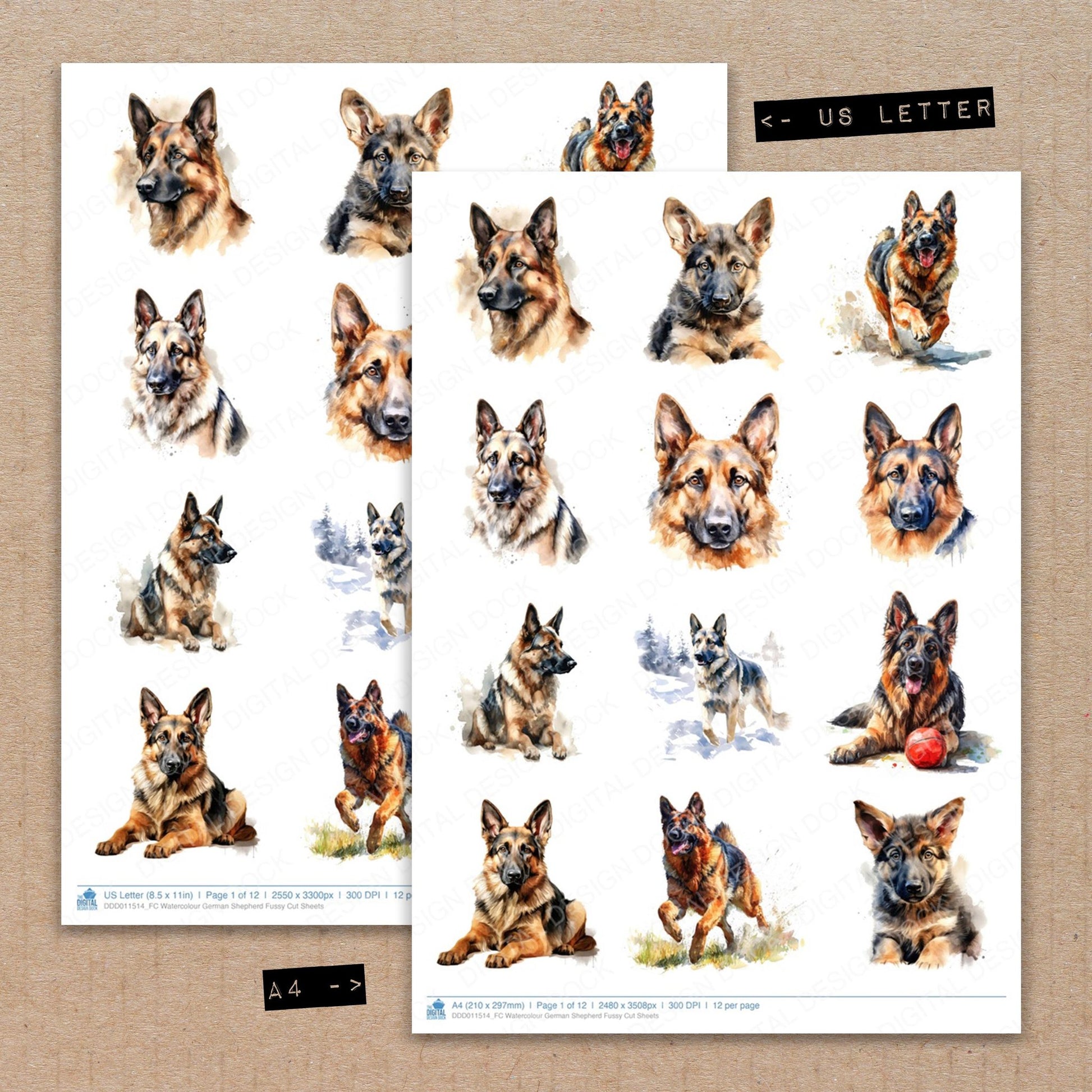 A4 and US Letter format comparison showing Watercolour German Shepherd fussy cut pages for print and cut crafting