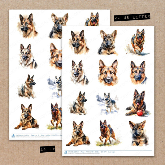 A4 and US Letter format comparison showing Watercolour German Shepherd fussy cut pages for print and cut crafting